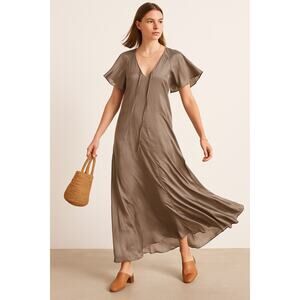 Creatures of Comfort Flutter Sleeve Maxi Dress Satin Metallic Silver 2 Cupro